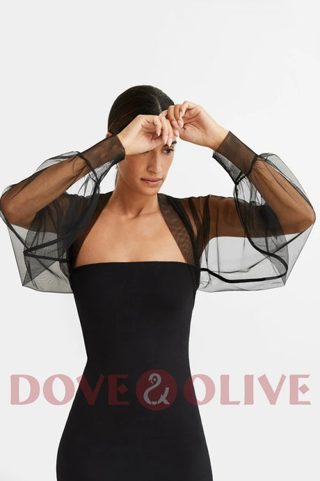 Black tulle bridal cape with long sleeves, perfect wedding jacket for stylish brides by Dove&Olive.