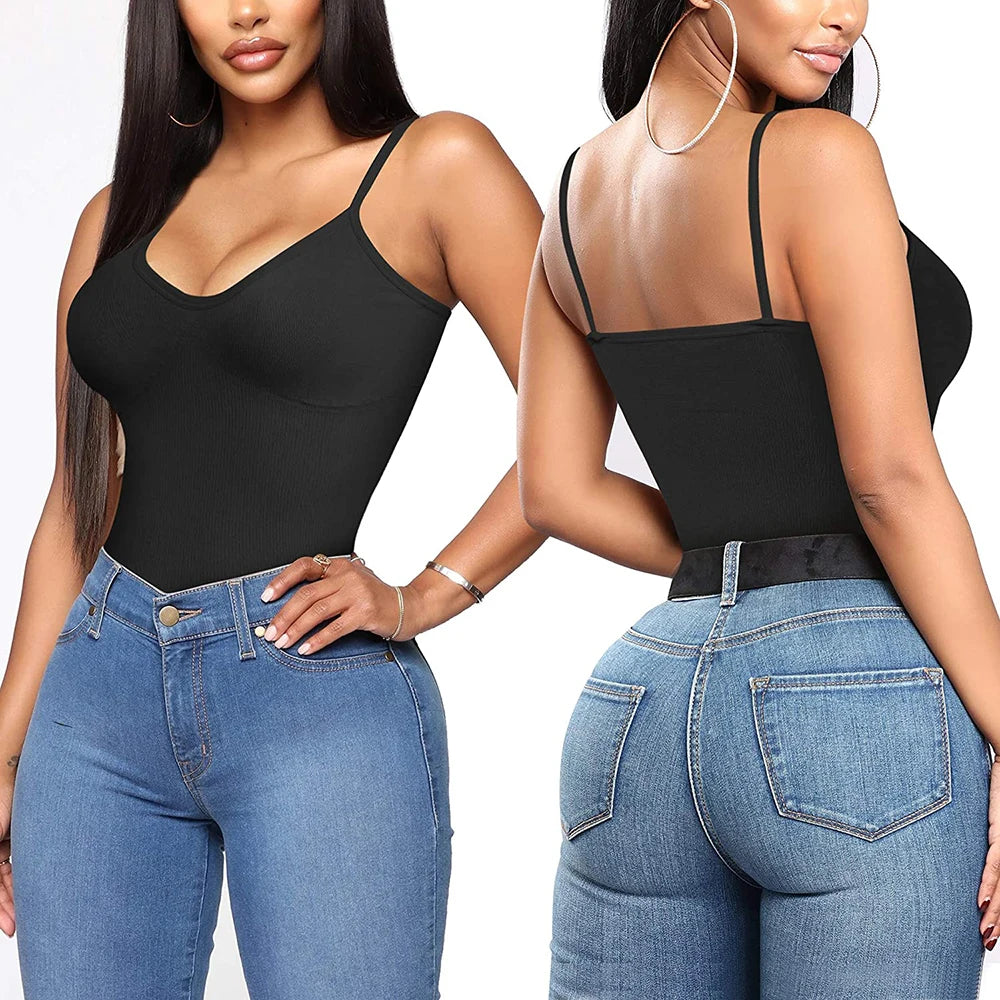Model wearing black ShapeEase™ camisole with adjustable straps paired with high-waisted jeans.