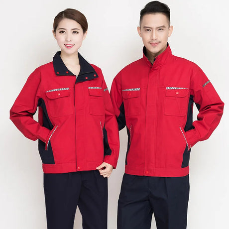 Unisex durable work clothing set featuring a red workshop overall for men and women, ideal for utility and safety.