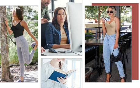 Collage of women wearing ShapeEase™ camisoles in various settings, showcasing versatility in fitness, work, and casual styles.