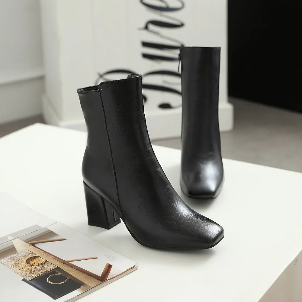 Women Side Zipper Mid-Heel Ankle Boots – Winter Casual Shoes