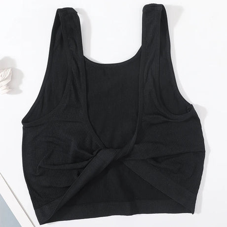 DeepVibe™ black ribbed crop top, seamless streetwear camisole for women, soft nylon and spandex blend.