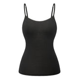 ShapeEase™ built-in shelf bra camisole in black, adjustable straps, soft and breathable fabric for comfort.