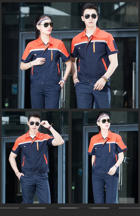 Summer working uniforms for men and women, featuring short sleeves and breathable fabric, ideal for auto repair and mechanics.