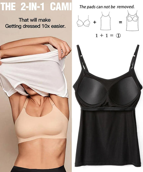 Image of ShapeEase™ 2-in-1 camisole showcasing adjustable straps and built-in padded bra for easy dressing.