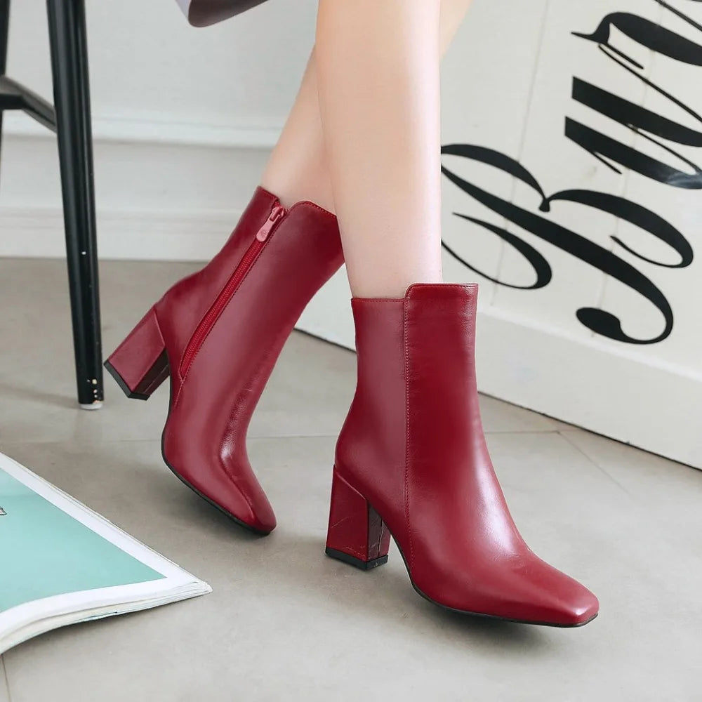 Women Side Zipper Mid-Heel Ankle Boots – Winter Casual Shoes