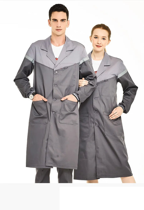 Durable unisex workshop coveralls in grey, featuring pockets and reflective details for utility and safety work.