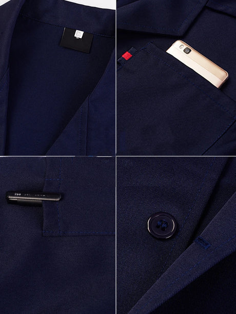 Close-up details of the Workshop Coverall, showcasing pockets, buttons, and durable fabric in navy blue.