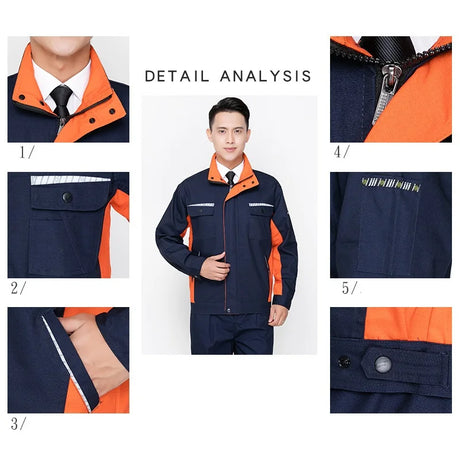Detail analysis of unisex durable work clothing set featuring various functional elements and stylish design.