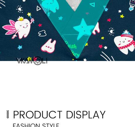 Close-up of Cartoon Print Scrub Top with V collar and playful dental-themed designs by vkamoli