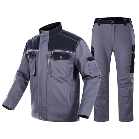 Reflective welding suit set including a gray jacket and pants designed for safety and durability in work environments.