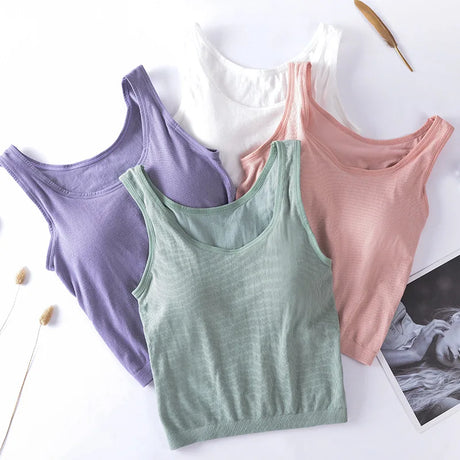 KnitMuse™ sexy knitted camis in pastel colors: purple, green, white, and pink, perfect for summer styling.