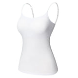 ShapeEase™ white camisole with adjustable straps, built-in shelf bra, soft breathable fabric, perfect layering piece.