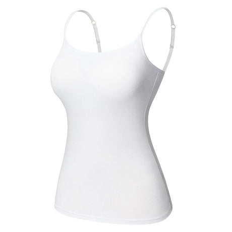 ShapeEase™ white camisole with adjustable straps, built-in shelf bra, soft breathable fabric, perfect layering piece.