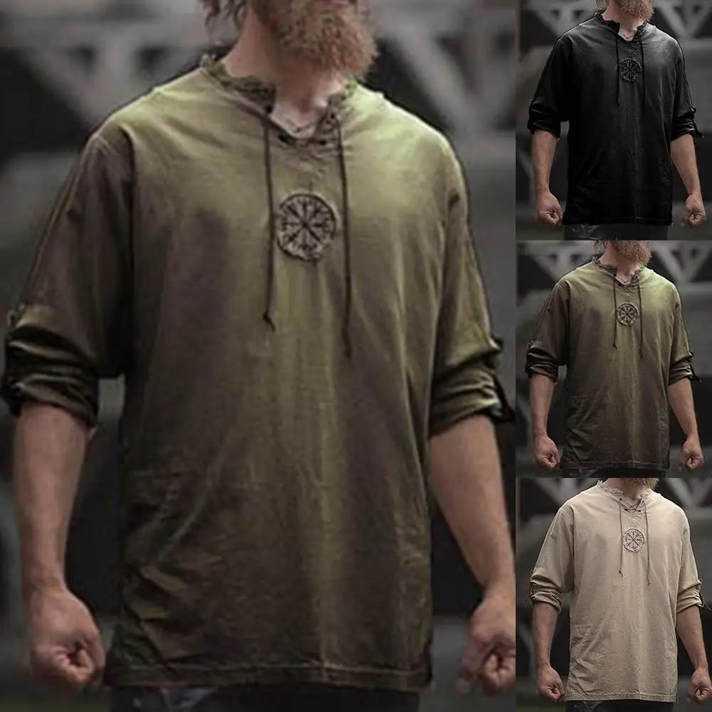 Men's Plus Size Viking Embroidered Shirt – Lace-Up