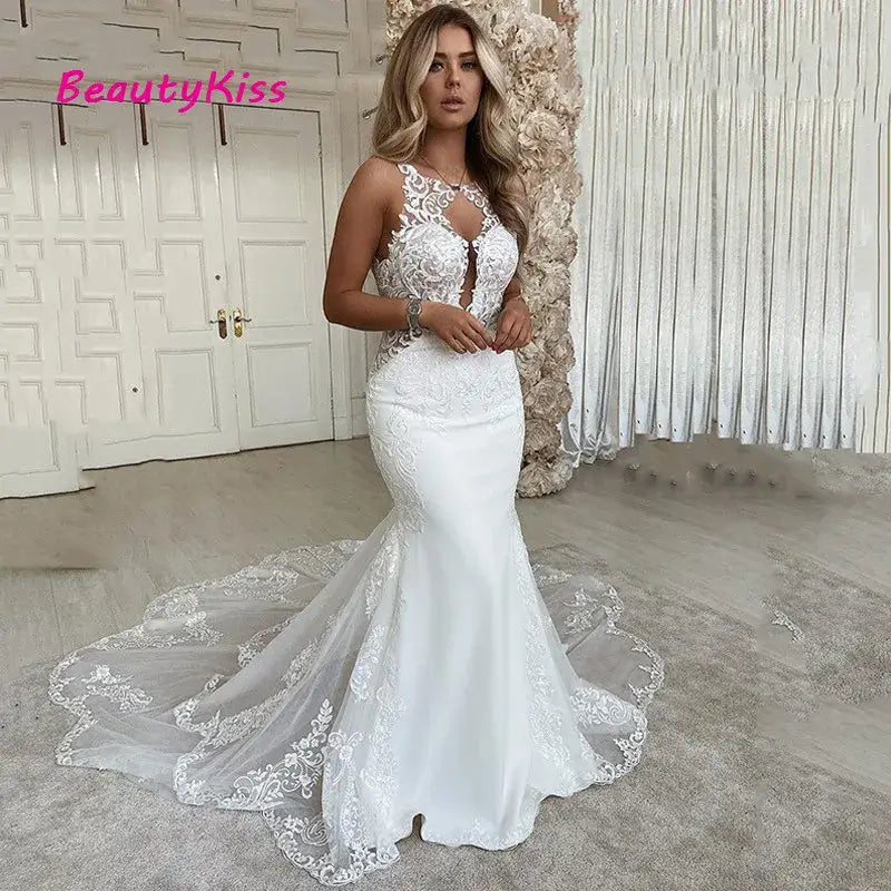 Women Plus Size Mermaid Lace Wedding Dress Open Back