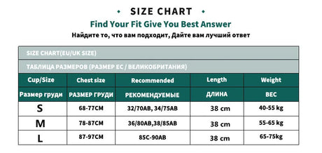 Size chart for women's camisoles showing measurements for S, M, and L sizes with recommended chest sizes and weights.