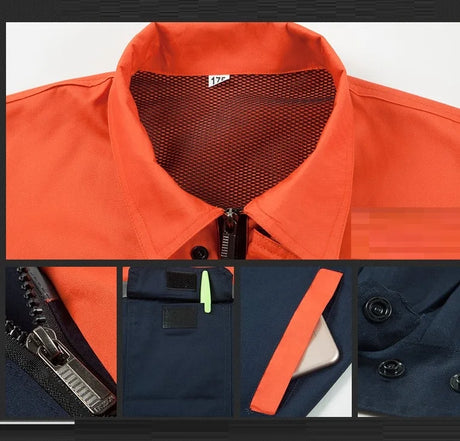 Close-up of short-sleeve breathable coveralls, featuring mesh collar and multiple pockets for utility and safety.