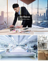 Professional setting in Shanghai featuring a designer at work with fabric production images in the background.