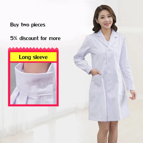 White long sleeve lab coat for women with button pocket, ideal for medical workwear, featuring a stylish suit collar.