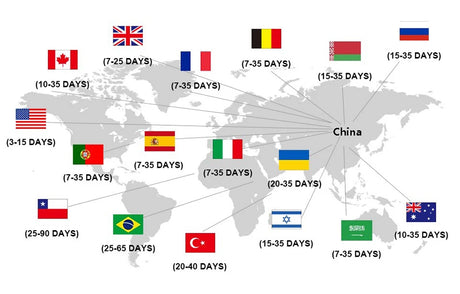 World map showing shipping times from China to various countries with flags and estimated delivery durations.