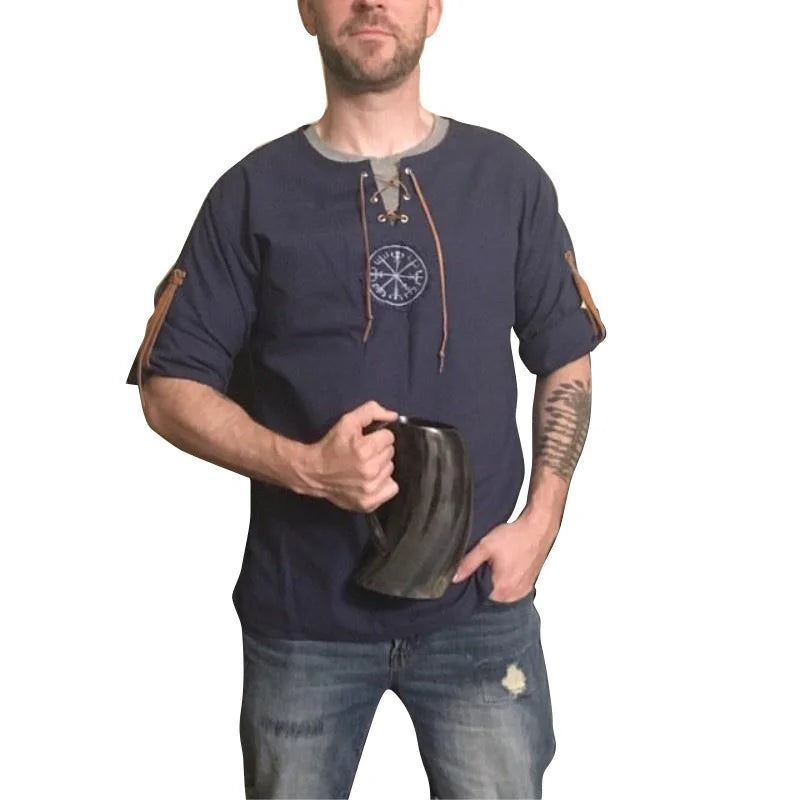 Men's Plus Size Viking Embroidered Shirt – Lace-Up