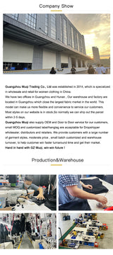 Company show of Guangzhou Muji Trading, featuring warehouse and production activities for clothing wholesale.