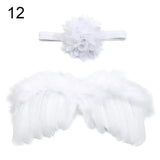 Cute newborn angel feather wings with a rose flower headband. Perfect photo prop for baby girls. Unisex design.