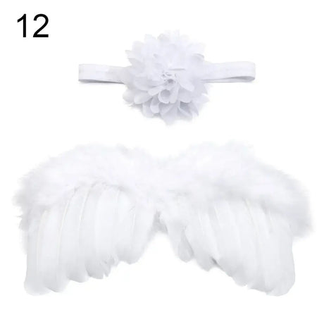 Cute newborn angel feather wings with a rose flower headband. Perfect photo prop for baby girls. Unisex design.