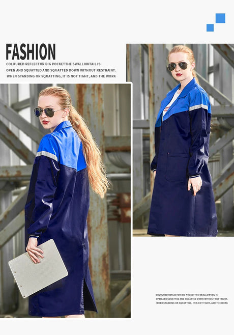 Fashionable unisex workshop coverall in blue and navy, designed for comfort and utility, featuring reflective details.