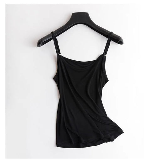 Lightweight black U-neck silk cami top with solid straps on a hanger, ideal summer wear for women.