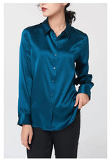 SatinGrace™ long sleeve silk shirt in teal, featuring a V-neck and single-breasted closure, perfect for a stylish look.