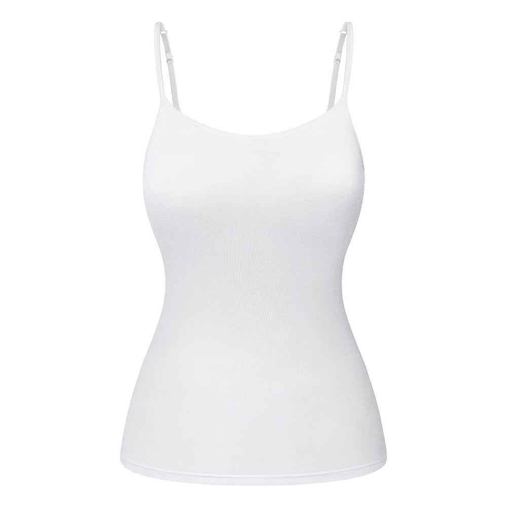 ShapeEase™ white camisole with adjustable straps and built-in shelf bra, perfect for comfort and support.