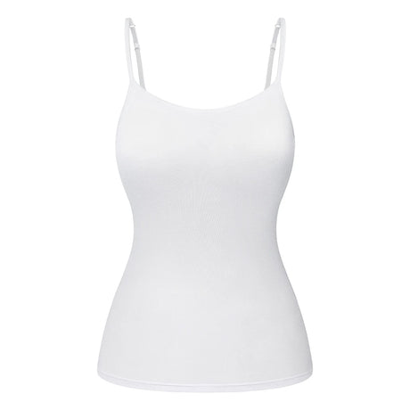 ShapeEase™ white camisole with adjustable straps and built-in shelf bra, perfect for comfort and support.