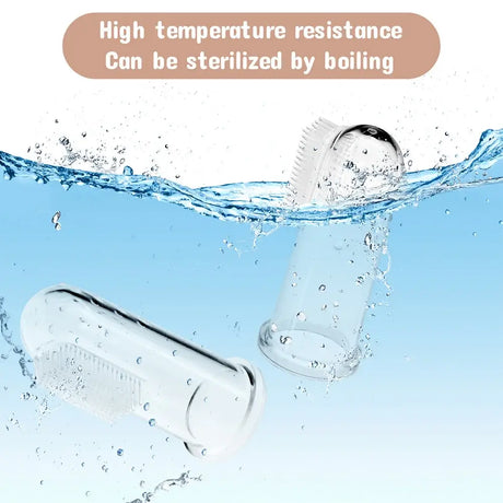 High temperature resistant silicone training toothbrushes in water, ideal for baby's oral care and easy sterilization by boiling.