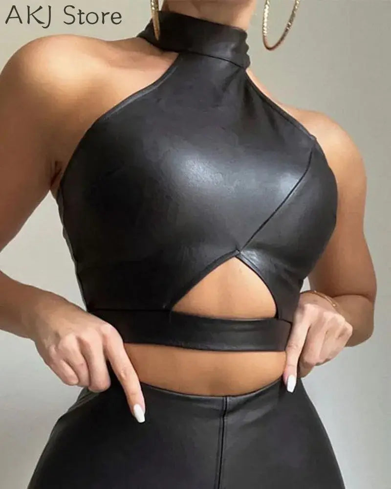 Women PU Leather Crop Top Pants Set