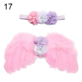 Cute pink angel wings and matching flower headband for baby girls, perfect for photoshoots and special occasions.