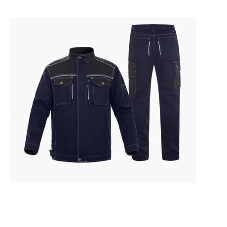 Reflective welding suit set with jacket and pants, durable and windproof work uniform for safety and utility.