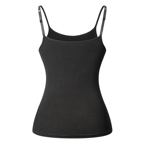 ShapeEase™ black built-in shelf bra camisole with adjustable straps, comfortable and breathable fabric.
