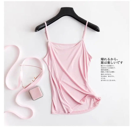 HalterSilk™ U-Neck Mulberry Silk Cami in soft pink, lightweight summer wear with solid straps and elegant drape.