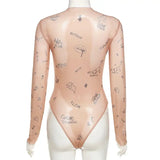 Women Slim Long Sleeve Print Bodysuit