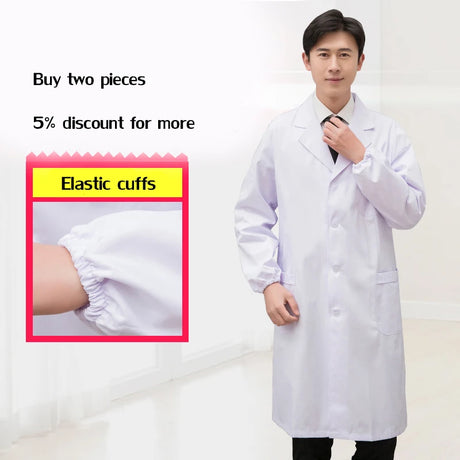 Men's lab coat with elastic cuffs, perfect for medical work, available in various sizes and styles.