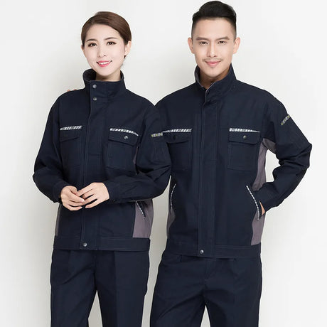 Men and women in durable navy work clothing set, featuring pockets and reflective details for utility and safety.