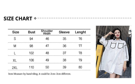 Size chart for Solid Color Maternity Shirt Dress, displaying measurements for different sizes S, M, L, XL, and 2XL.