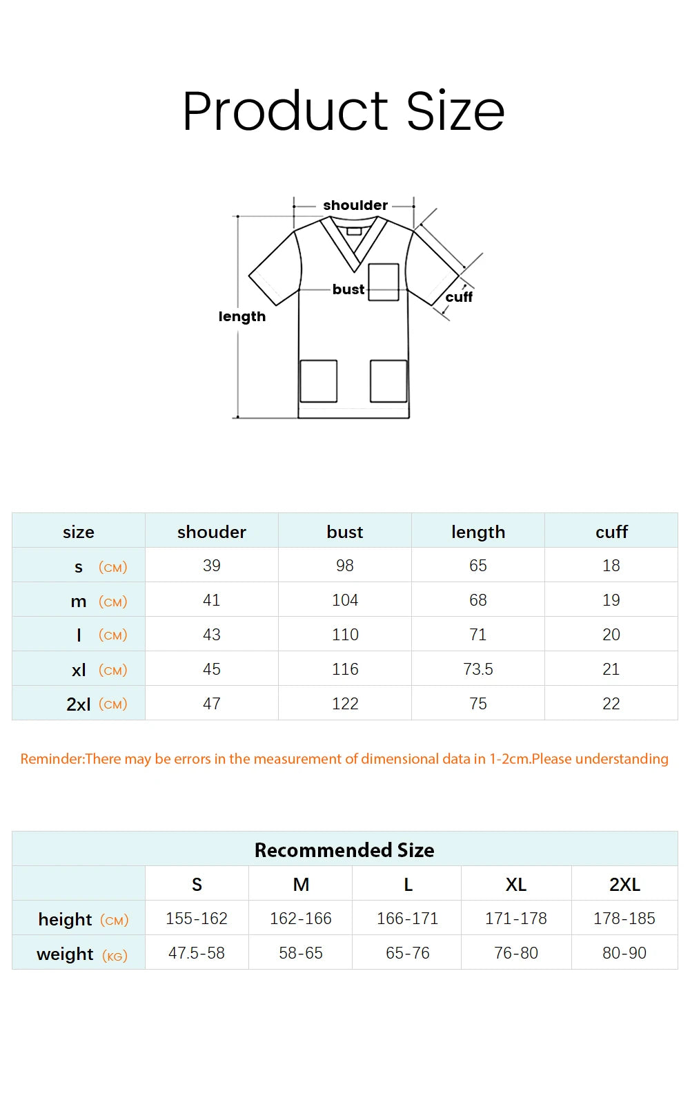 Size chart for Cartoon Print Scrub Tops showing measurements for S, M, L, XL, and XXL in cm and recommended sizes.