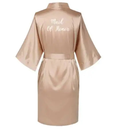 Rose gold satin robe with 'Maid Of Honor' text, short sleeves, perfect for bridesmaids.