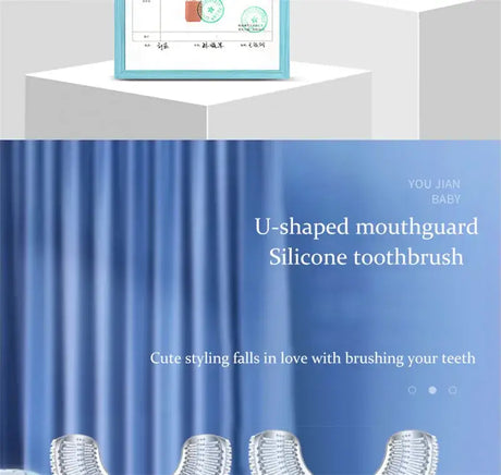 U-shaped silicone toothbrush with mouthguard, showcasing cute design for kids, perfect for baby oral care.
