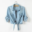 DenimDrape™ women’s short sleeve kimono shirt with tie-front, cropped denim blouse in light blue.