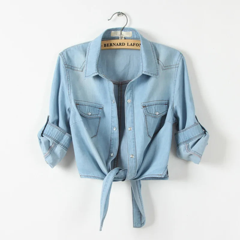 DenimDrape™ women’s short sleeve kimono shirt with tie-front, cropped denim blouse in light blue.