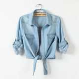 DenimDrape™ women’s short sleeve kimono shirt with tie-front, cropped denim blouse in light blue.